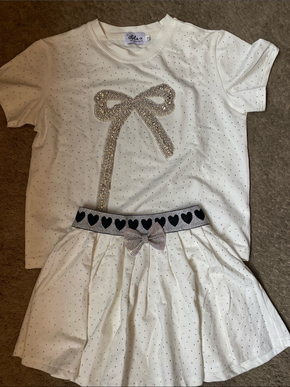 White Rhinestone Bow Top & Skirt short Set